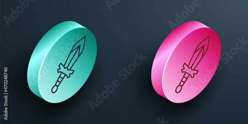 Isometric line Medieval sword icon isolated on black background. Medieval weapon. Turquoise and pink circle button. Vector
