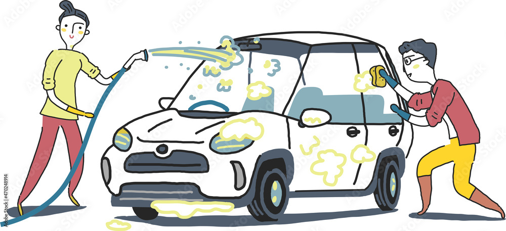 ホースで水をかけ洗車するカップル イラスト素材 Stock Vektorgrafik Adobe Stock