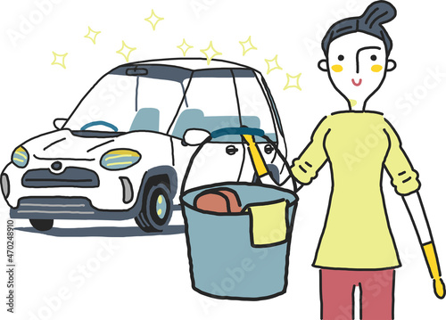 洗車して達成感を味わう女性　イラスト素材
