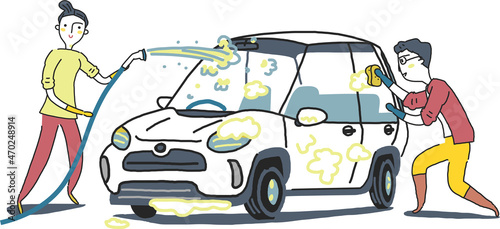 ホースで水をかけ洗車するカップル　イラスト素材
