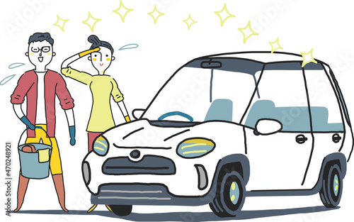 洗車して達成感を味わうカップル　イラスト素材
