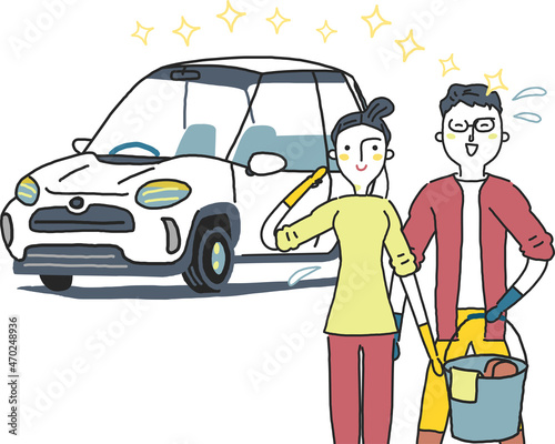 洗車して達成感を味わうカップル　イラスト素材
