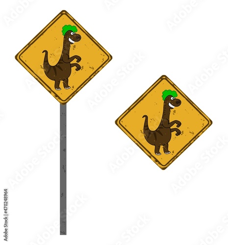 Square road sign of a brown lizard dinosaur with green hair