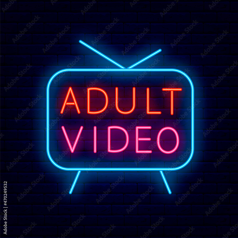 Adult video neon sign on brick wall background. Night bright promotion.Editable stroke. Vector stock illustration