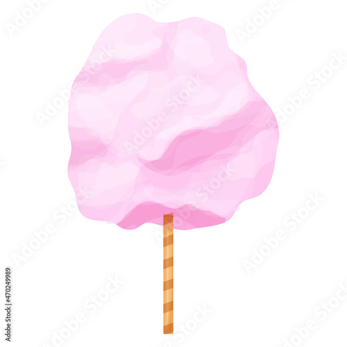 Sweet pink cotton candy sugar cloud on stick in cartoon style isolated on white background. Fluffy dessert, holiday symbol. 
