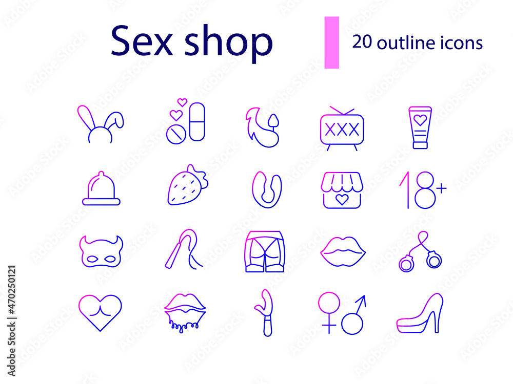 Adult toys outline icons set. Sex shop. Erotic products. Sexual accessories. Isolated vector stock illustration