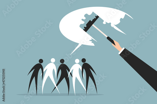 Illustration of a big hand removing a group of people's speech bubble painted on the wall