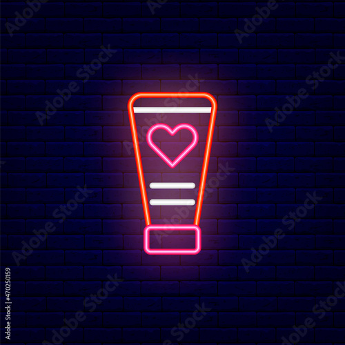 Tube with lubricant neon icon. Sex shop. Night bright signboard. Editable stroke. Isolated vector illustration