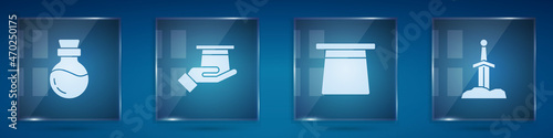Set Bottle with potion, Magician hat in hand, and Sword the stone. Square glass panels. Vector