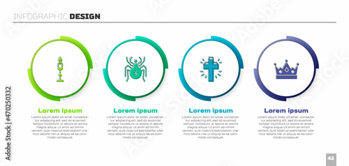Set Burning candle, Spider, Christian cross and King crown. Business infographic template. Vector