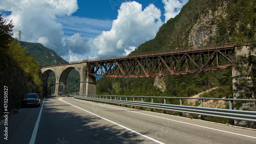 Fotografie Railroad bridge over the river Piave at Pietratagliata, Italy, Europe