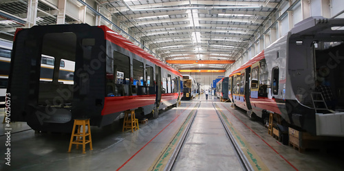 Inside the carriage assembly plant. Production workshop for the production of high-speed trains. photo