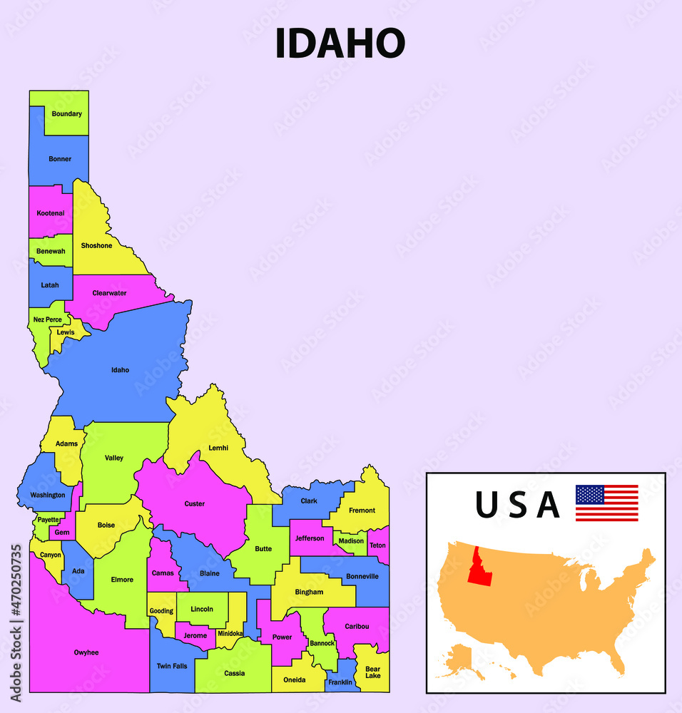 Idaho map. District map of Idaho. District map of Idaho in color with 