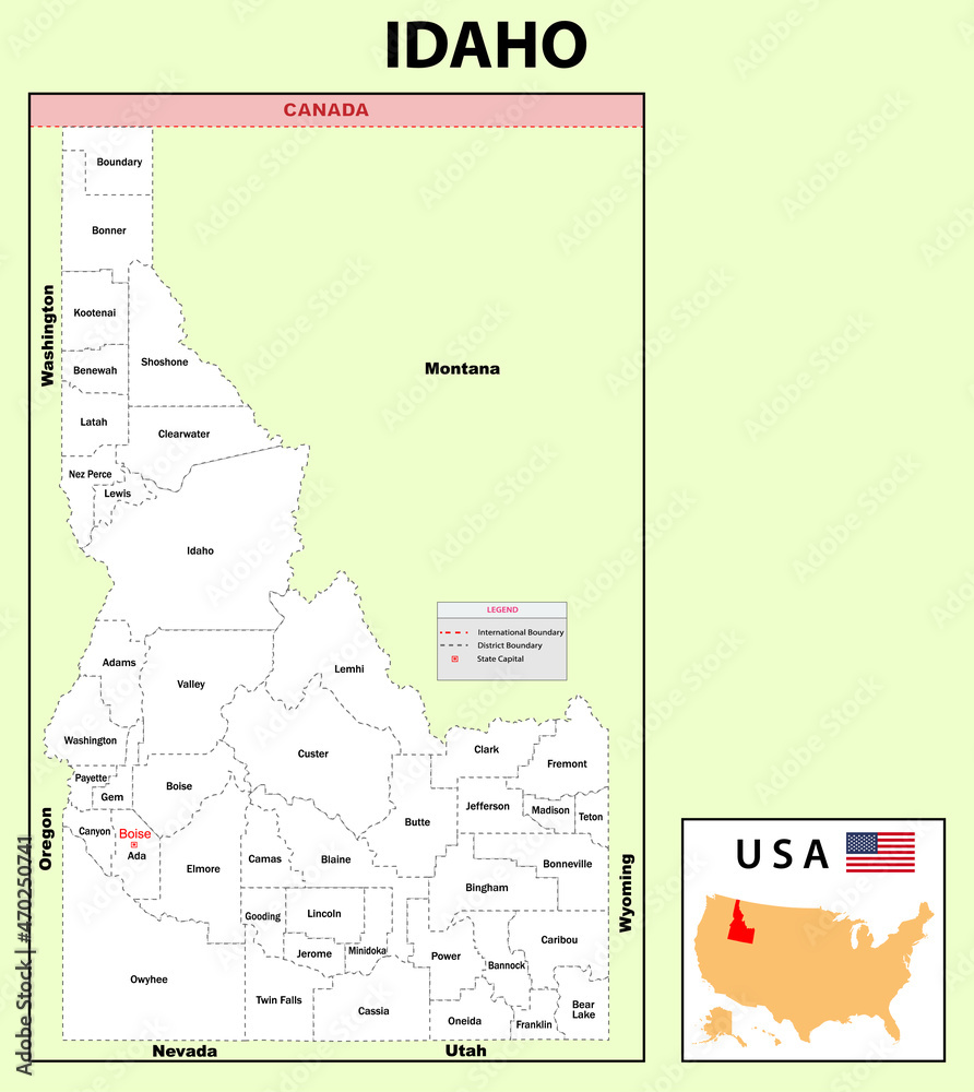 Idaho Map. Political map of Idaho with boundaries in white color. Stock