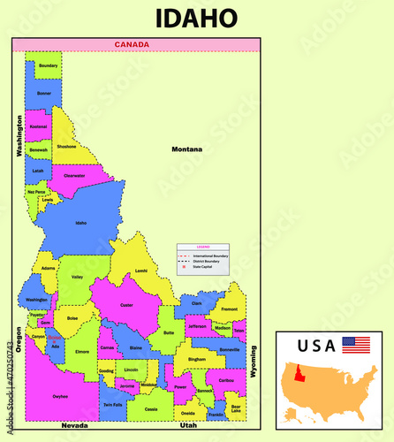Idaho Map. State and district map of Idaho. Political map of Idaho with neighboring countries and borders.