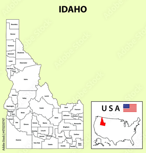 Idaho Map. State and district map of Idaho. Administrative map of Idaho with district and capital in white color.