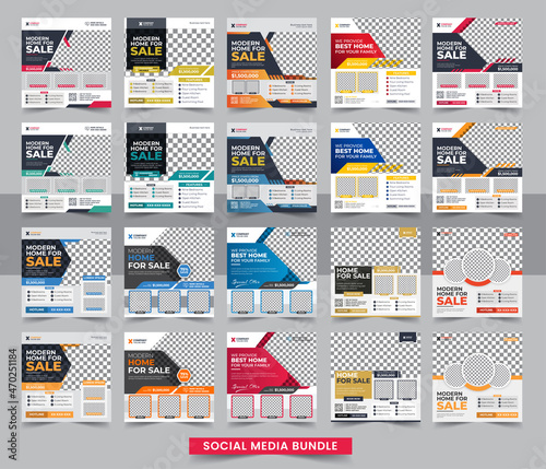 Real estate Home sale social media post or square banner template Bundle. Editable real estate house sale and home rent advertising geometric modern square Social media post banner layouts