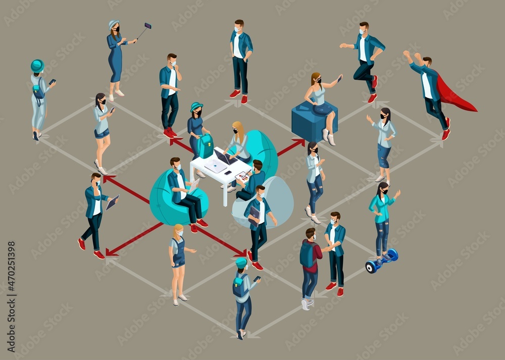 Isometrics set of vector characters in different poses, 3d teenagers, modern girls and guys in jeans clothes, maintain social distance during the epidemic Isometrics set of vector characters in different poses, 3d teenagers, modern girls and guys in jeans clothes, maintain social distance during the epidemic