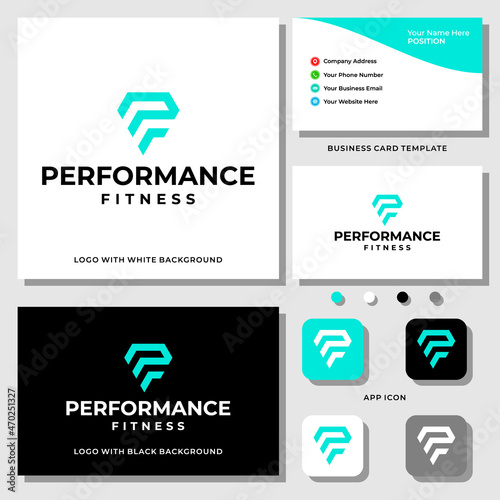 Letter P F monogram fitness logo design with business card template.