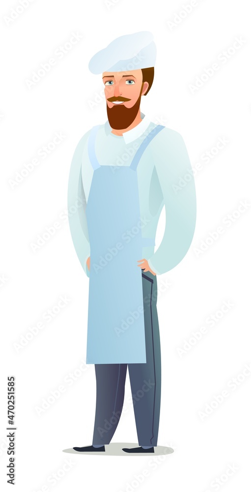 Male cook in overalls. Guy from kitchen in an apron. Cheerful person. Standing pose. Cartoon comic style flat design. Single character. Illustration isolated on white background. Vector