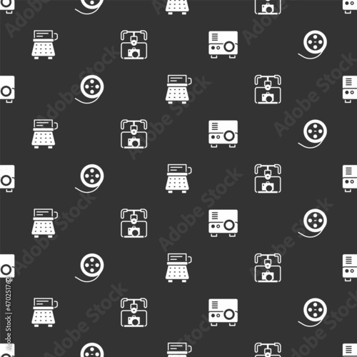 Set Media projector, Film reel, Retro typewriter and Gimbal stabilizer with camera on seamless pattern. Vector
