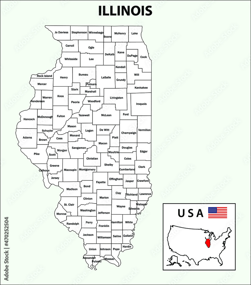 Illinois Map. State and district map of Illinois. Administrative and political map of Illinois with district and capital in white color.