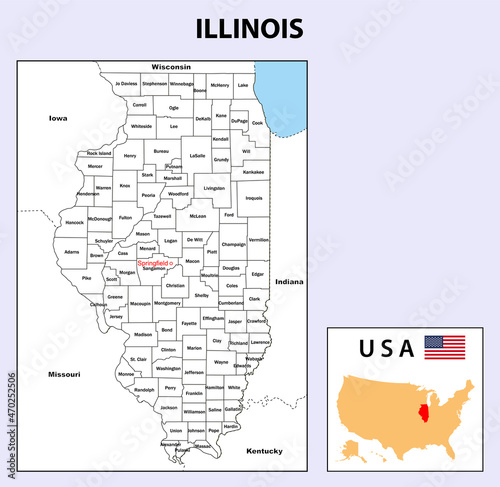 Illinois Map. Political map of Illinois with boundaries in white color.