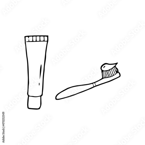 Hand drawn doodle toothbrush and toothpaste. Vector elements.