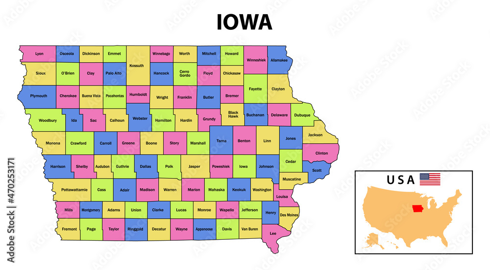 Iowa Map. District map of Iowa in 2020. District map of Iowa in color