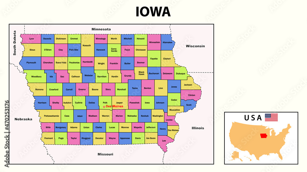 Iowa Map. State and district map of Iowa. Political map of Iowa with neighboring countries and