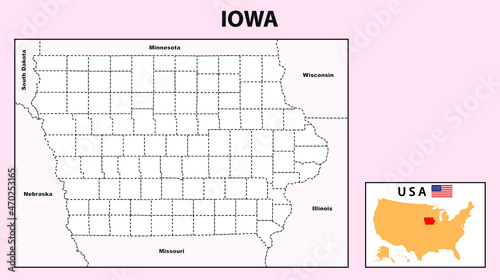 Iowa Map. Political map of Iowa with boundaries in Outline.