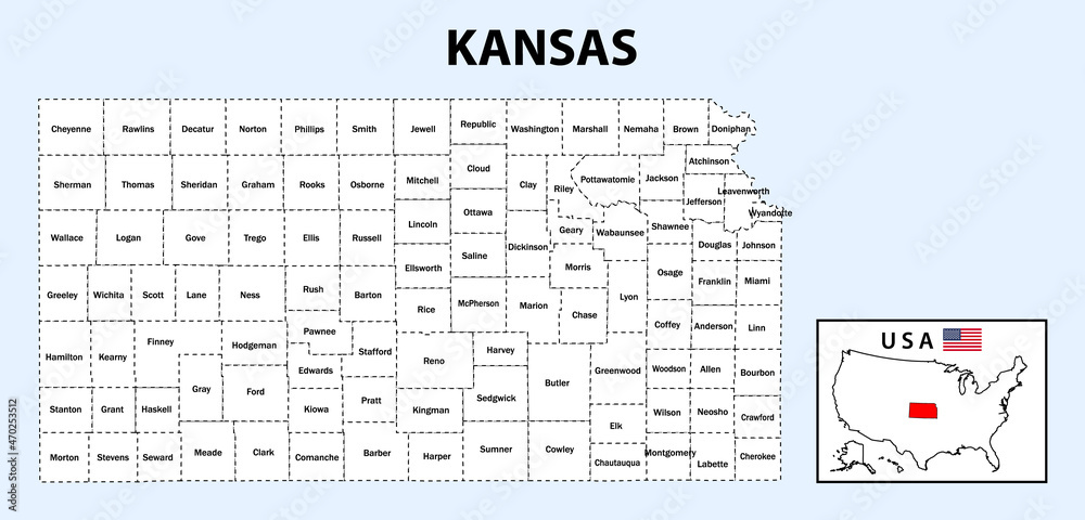 Kansas Map. State and district map of Kansas. Political map of Kansas with district and capital 