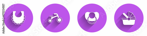 Set Baby bib, Bicycle for kids, dummy pacifier and stroller icon with long shadow. Vector