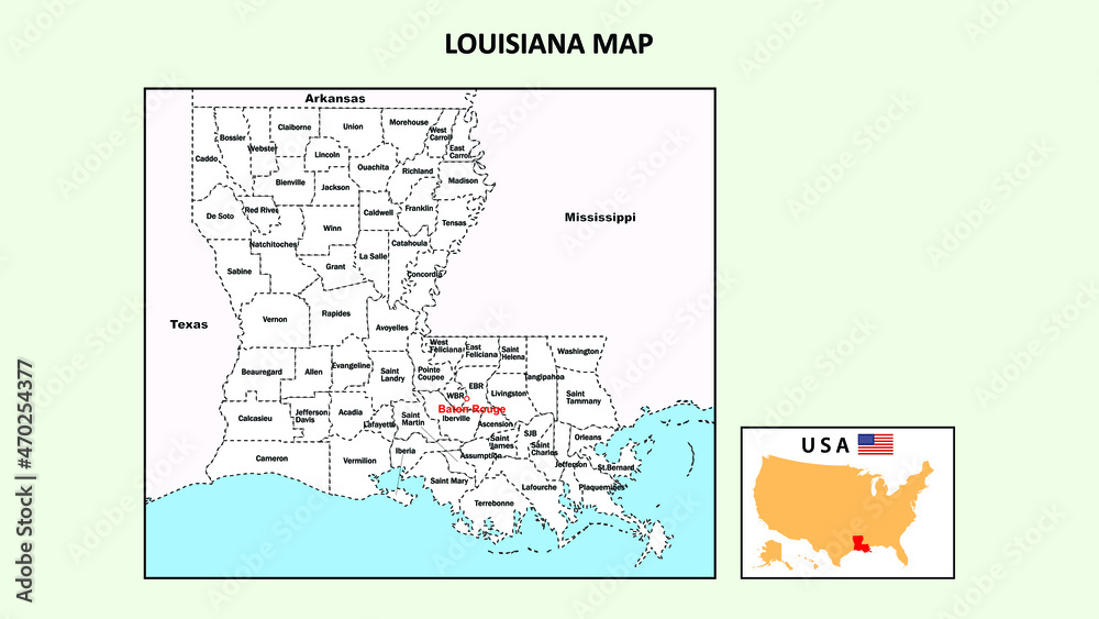 Louisiana Map. Political map of Louisiana with boundaries in white color.