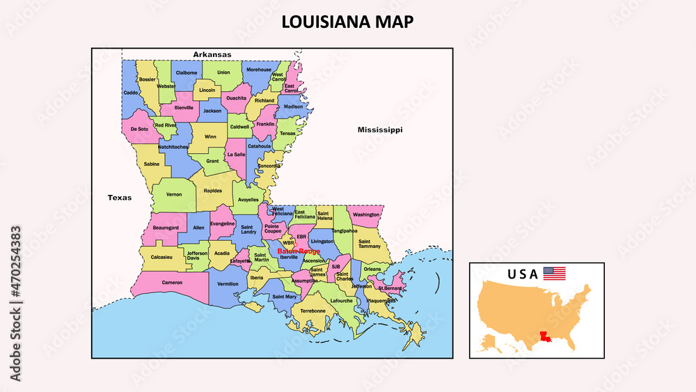 Fototapeta premium Louisiana Map. State and district map of Louisiana. Political map of Louisiana with neighboring countries and borders.