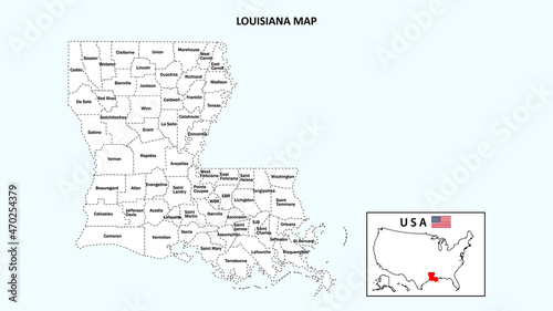 Louisiana Map. State and district map of Louisiana. Administrative map of Louisiana with district and capital in white color.