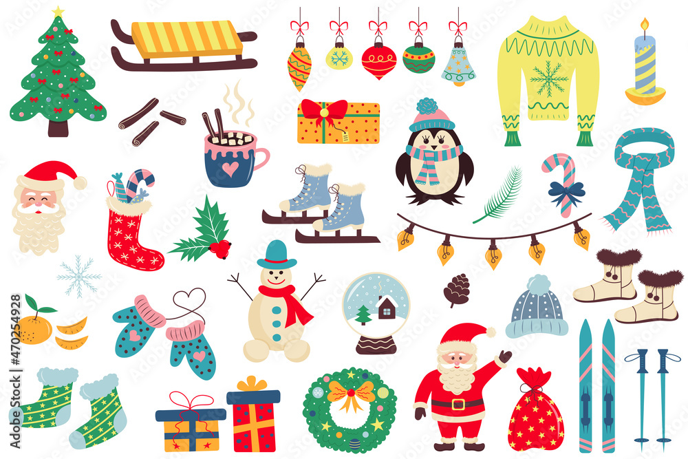 Set of winter and Christmas icons. Hand-drawn vector illustration.