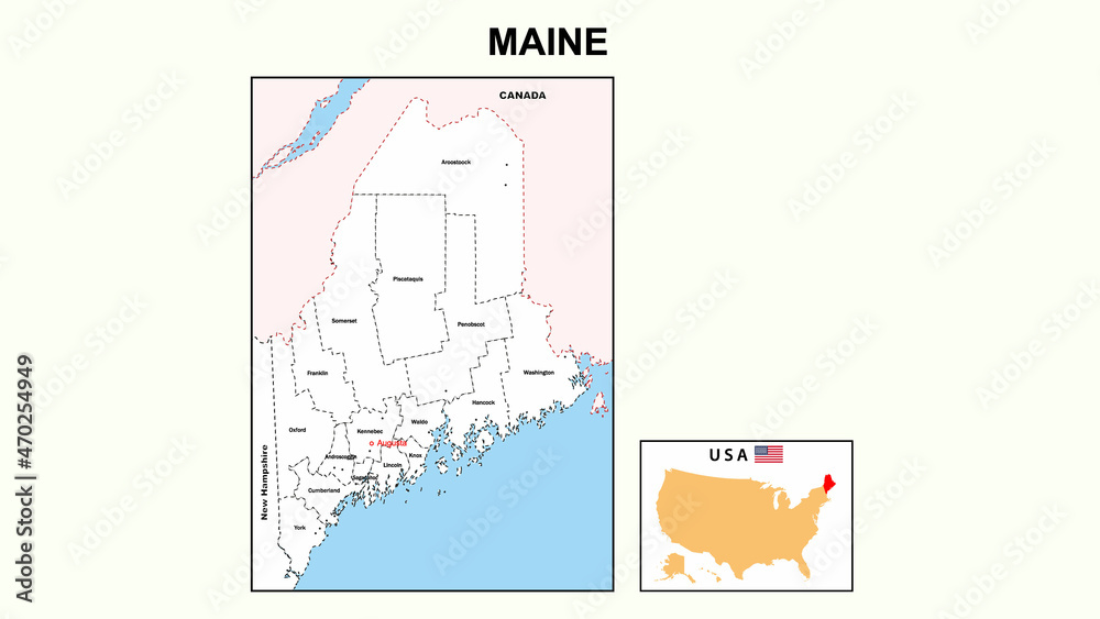 Maine Map. Political map of Maine with boundaries in white color.