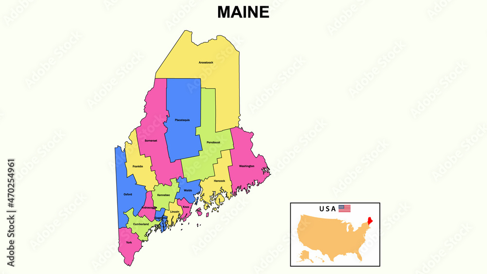 Maine Map. District map of Maine in 2020. District map of Maine in color with capital.