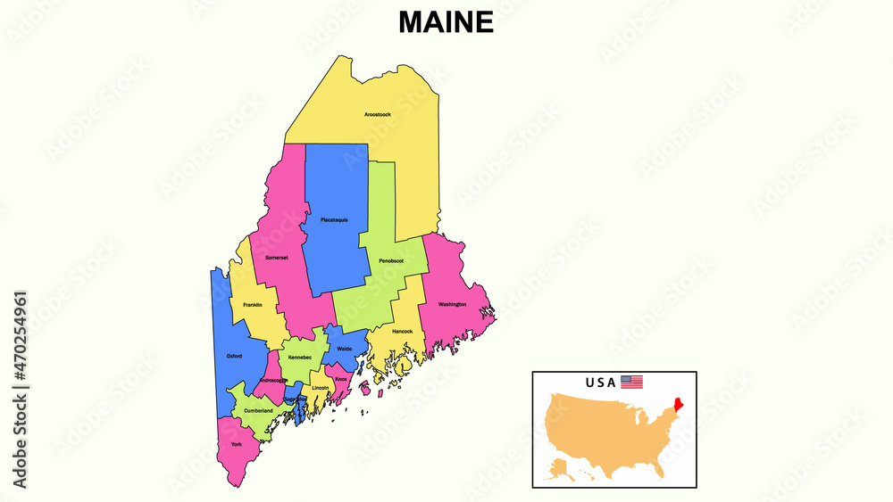 Maine Map. District map of Maine in 2020. District map of Maine in color with capital. Stock