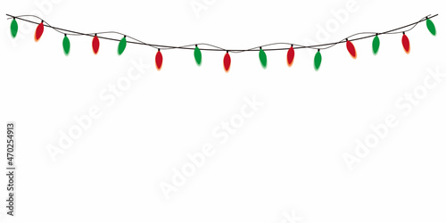 lighting Garland. Vector illustration of Christmas, New Year party decoration with transparency. Glowing light for design. Lights border.
