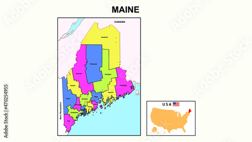 Maine Map. State and district map of Maine. Political map of Maine with neighboring countries and borders.