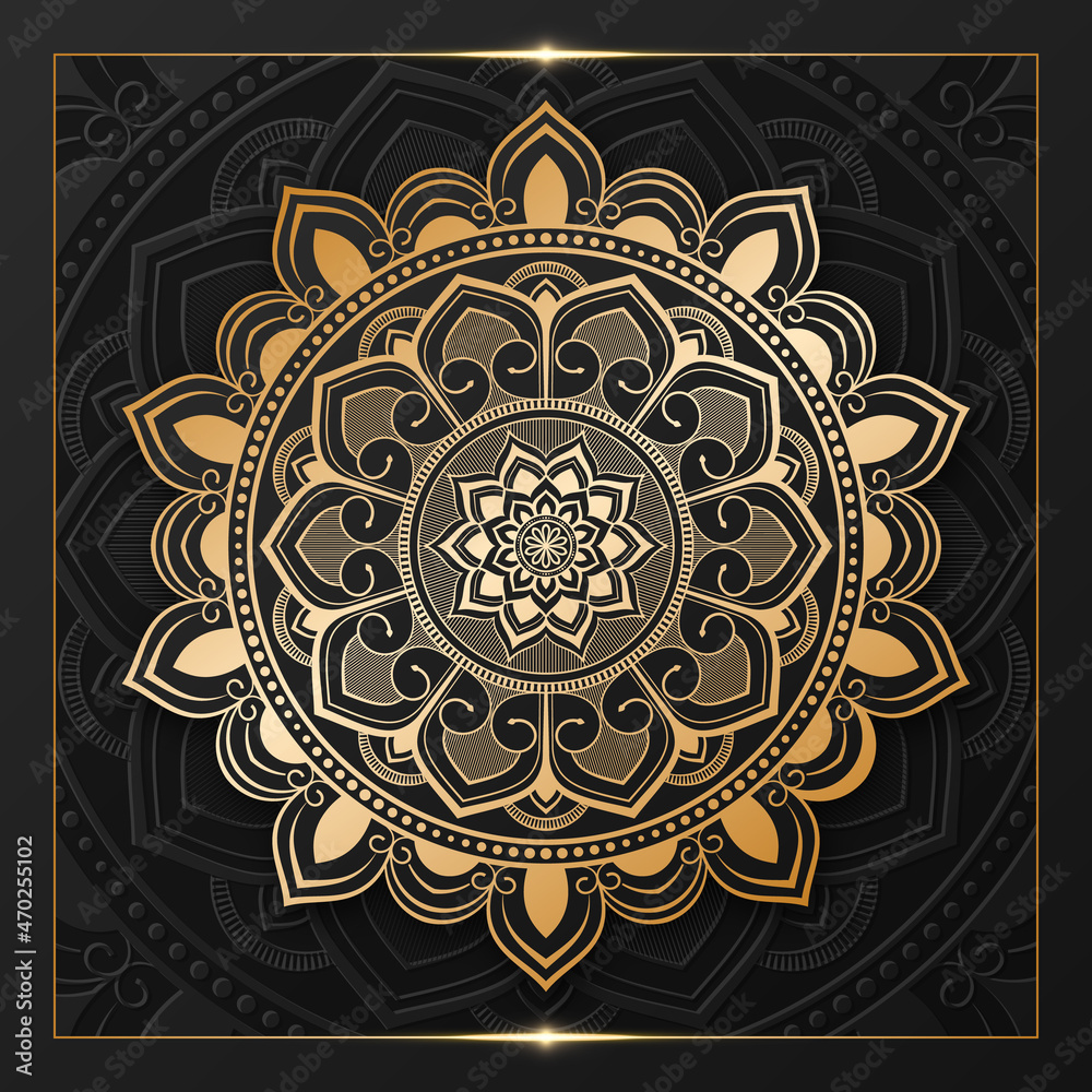 Luxury ornamental Arabesque mandala design with golden and black color background