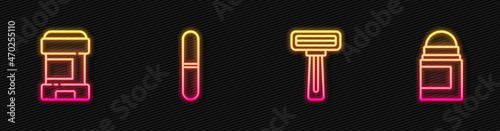 Set line Shaving razor, Antiperspirant deodorant roll, Nail file and . Glowing neon icon. Vector