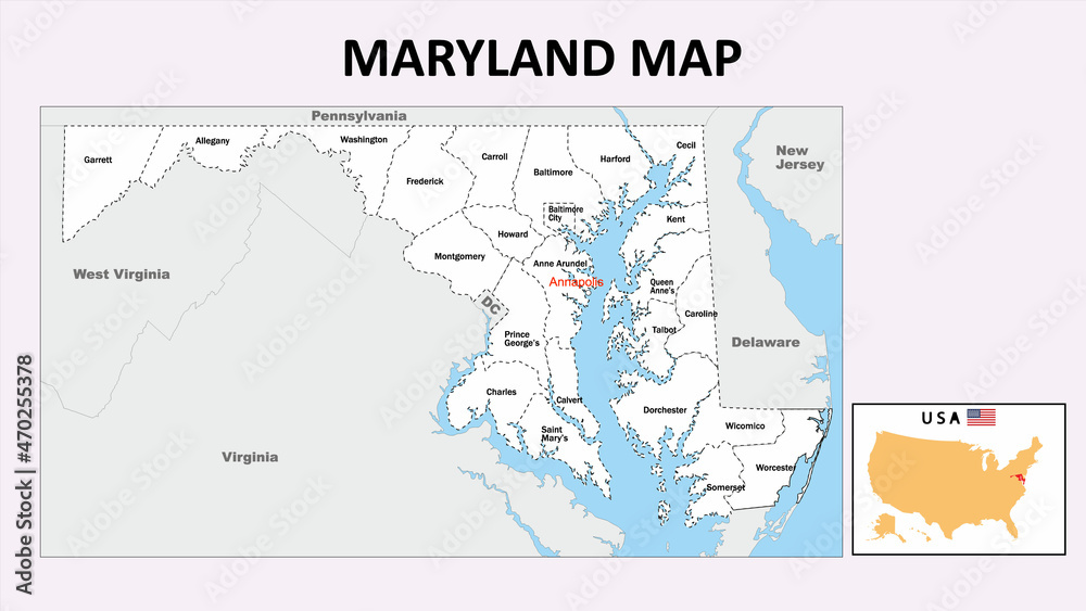 Maryland Map. Political map of Maryland with boundaries in Outline.