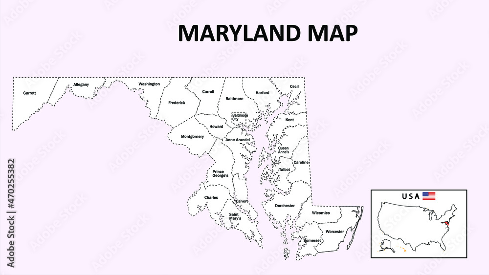 Maryland Map. State and district map of Maryland. Administrative map of Maryland with district and capital in white color.