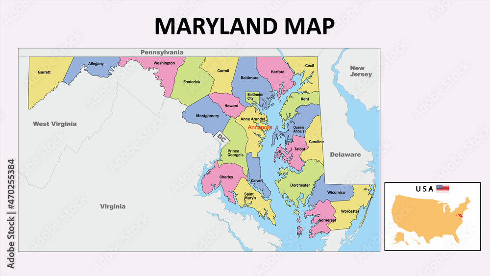 Maryland Map. State and district map of Maryland. Political map of Maryland with neighboring countries and borders.