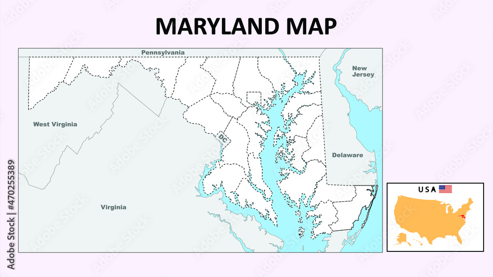 Maryland Map. Political map of Maryland with boundaries in white color.