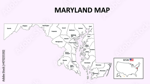 Maryland Map. State and district map of Maryland. Administrative map of Maryland with district and capital in white color.