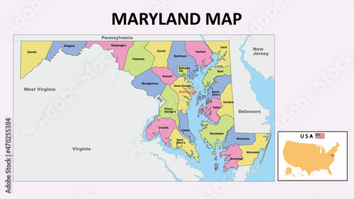 Maryland Map. State and district map of Maryland. Political map of Maryland with neighboring countries and borders.